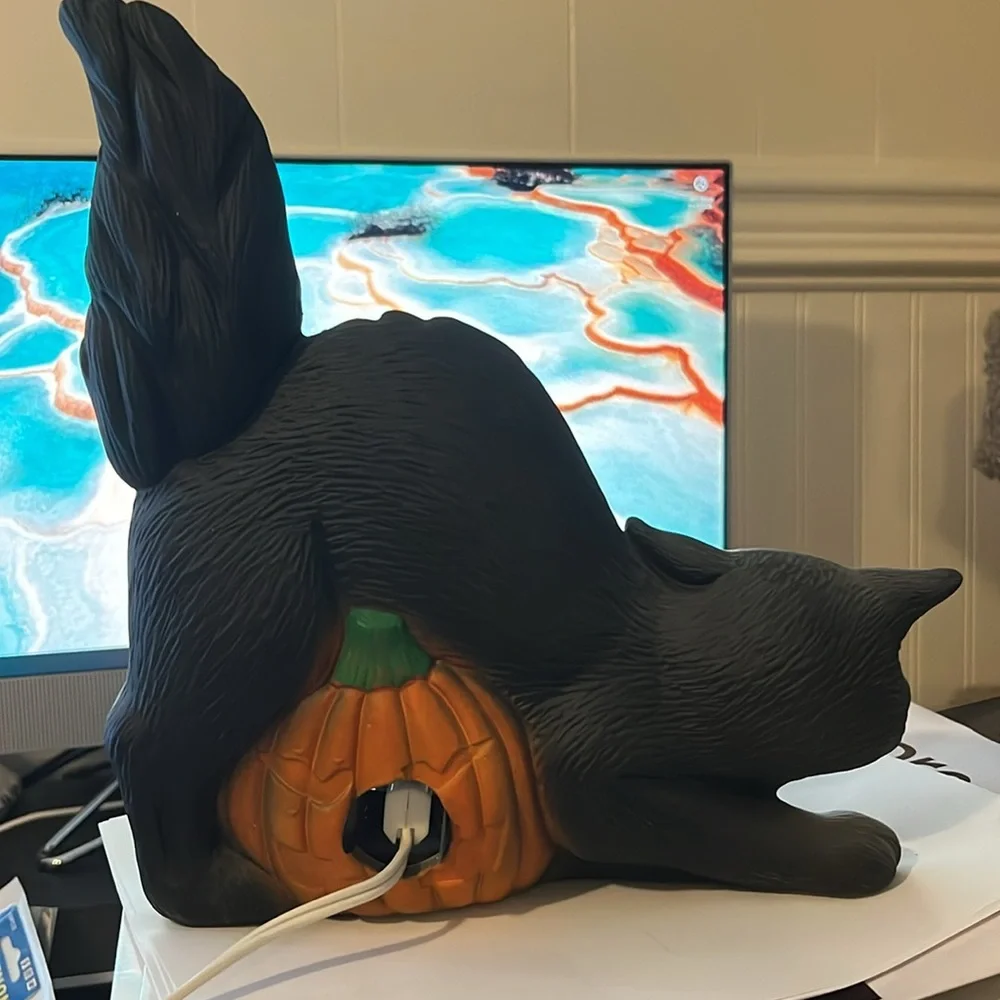 Vintage Ceramic Light up Halloween cat & pumpkin